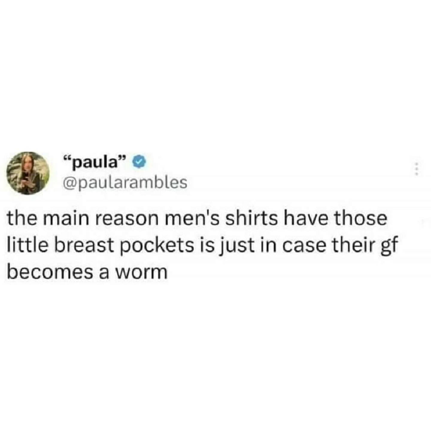 funny memes @paularambles the main reason men's shirts have those little breast pockets is just in case their gf becomes a worm