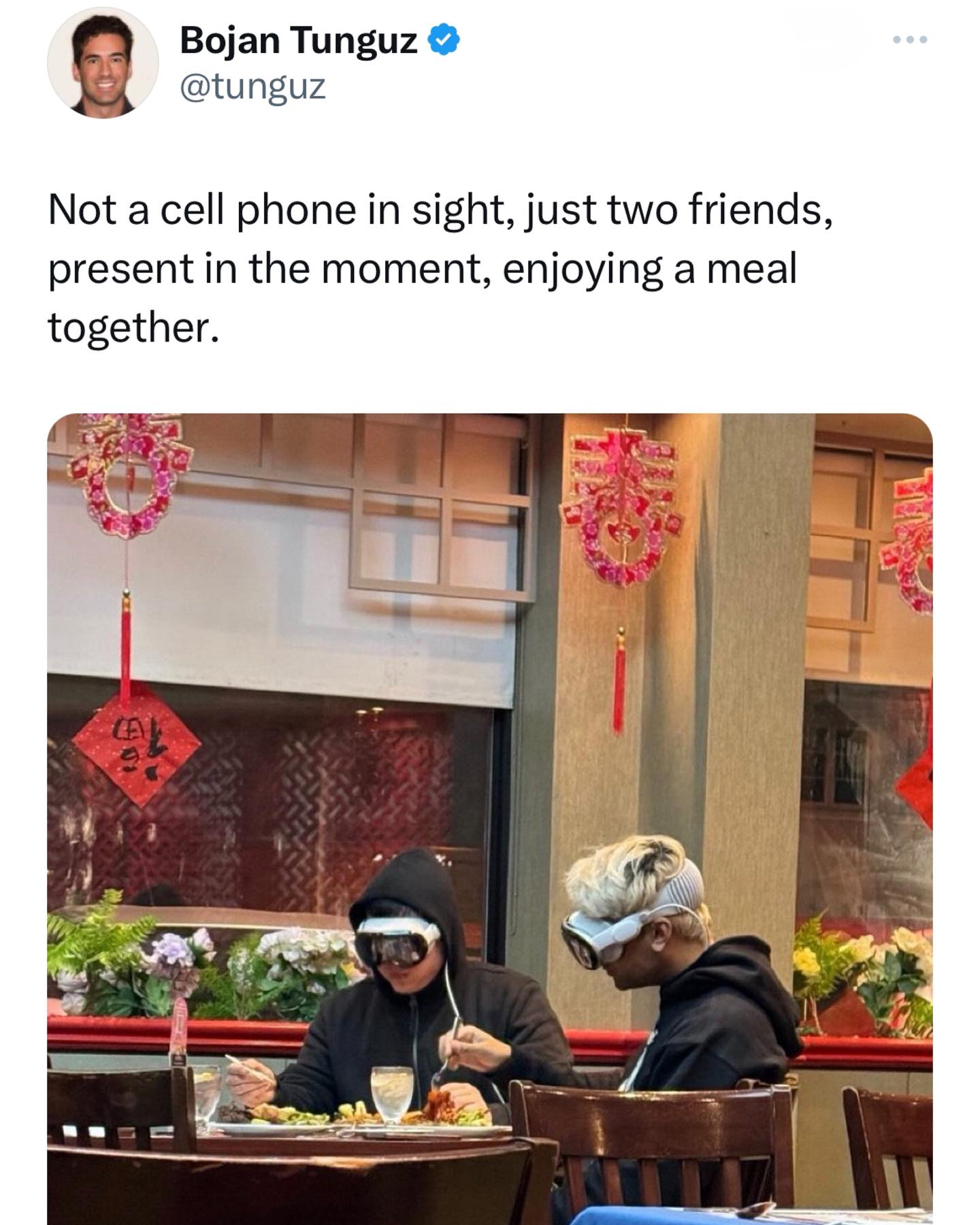 Funny memes Not a cell phone in sight, just two friends, present in the moment, enjoying a meal together. apple pro vision