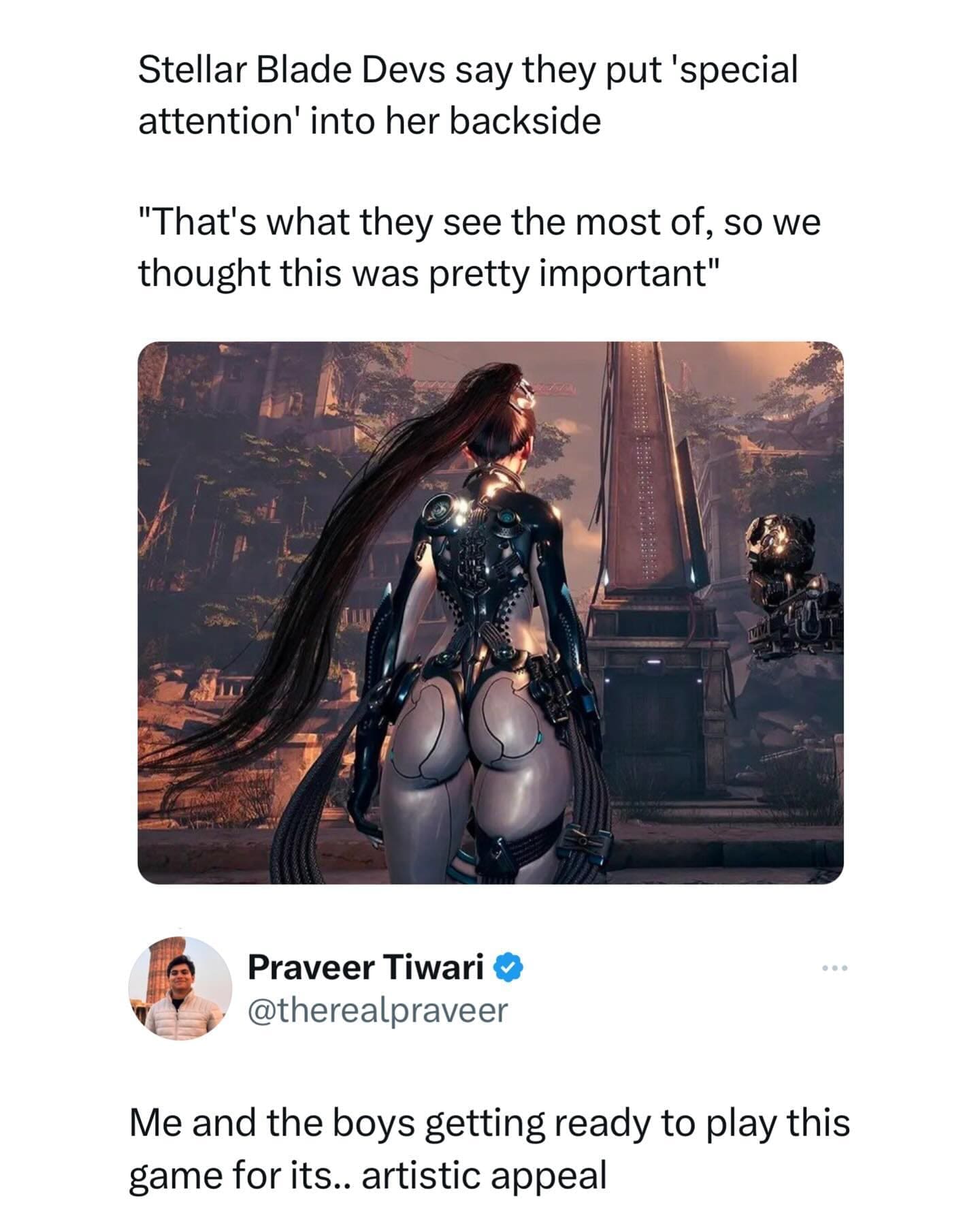 funny pics Stellar Blade Devs say they put 'special attention' into her backside "That's what they see the most of, so we thought this was pretty important"