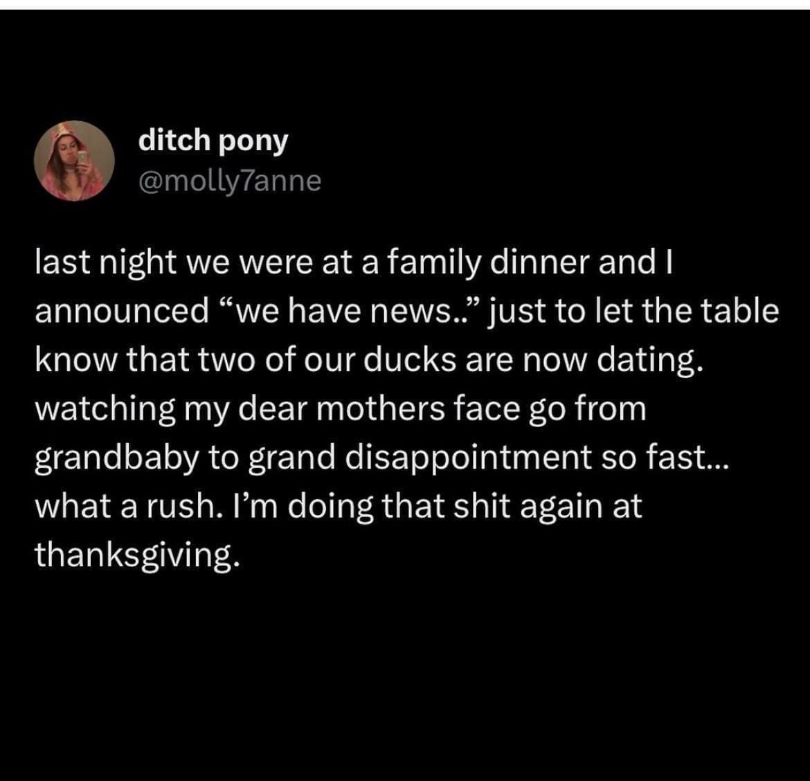 funny pics last night we were at a family dinner and I announced "we have news." just to let the table know that two of our ducks are now dating. watching my dear mothers face go from grandbaby to grand disappointment so fast... what a rush. I'm doing that again at thanksgiving.