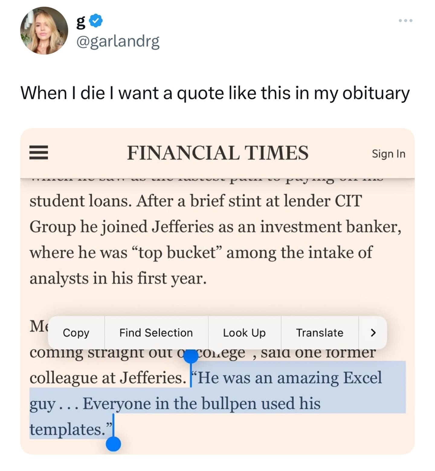 When I die I want a quote like this in my obituary. "He was an amazing Excel guy ... Everyone in the bullpen used his templates.