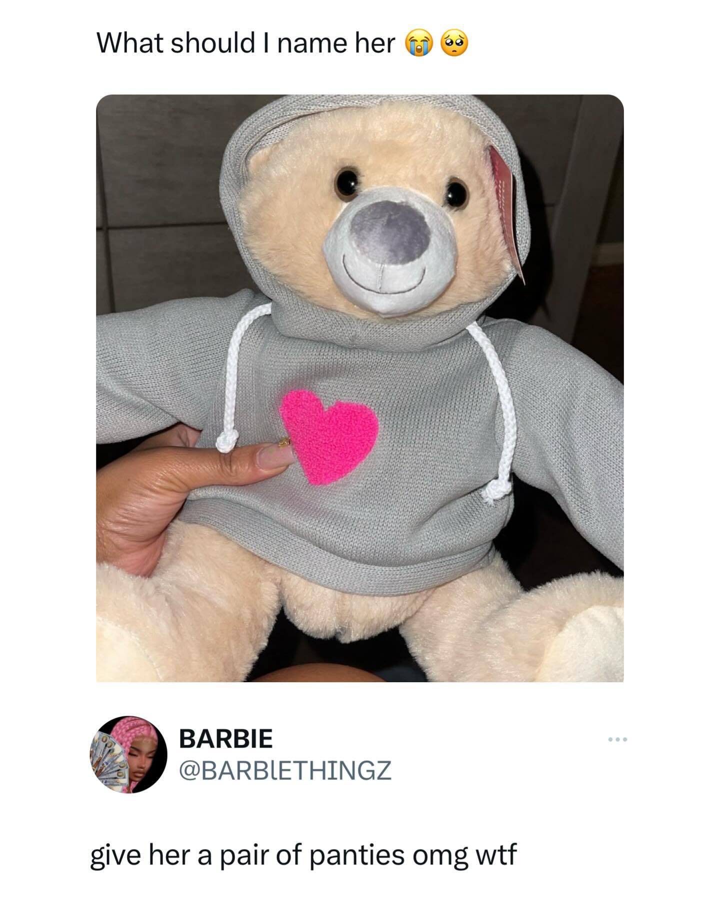 funny memes What should I name her BARBIE @BARBIETHINGZ • • o give her a pair of panties omg