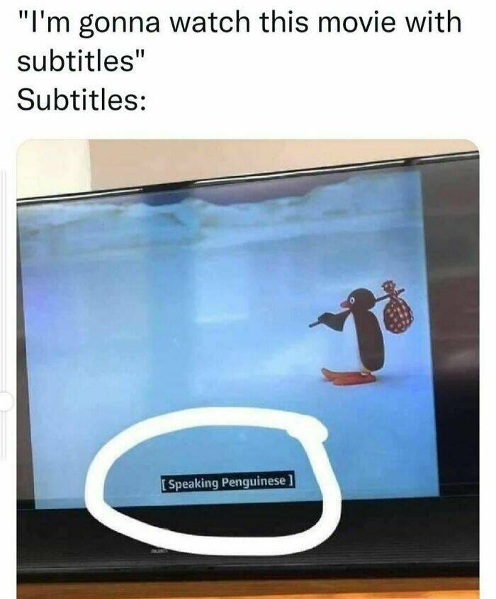 "I'm gonna watch this movie with subtitles" Subtitles: [Speaking Penguinese]