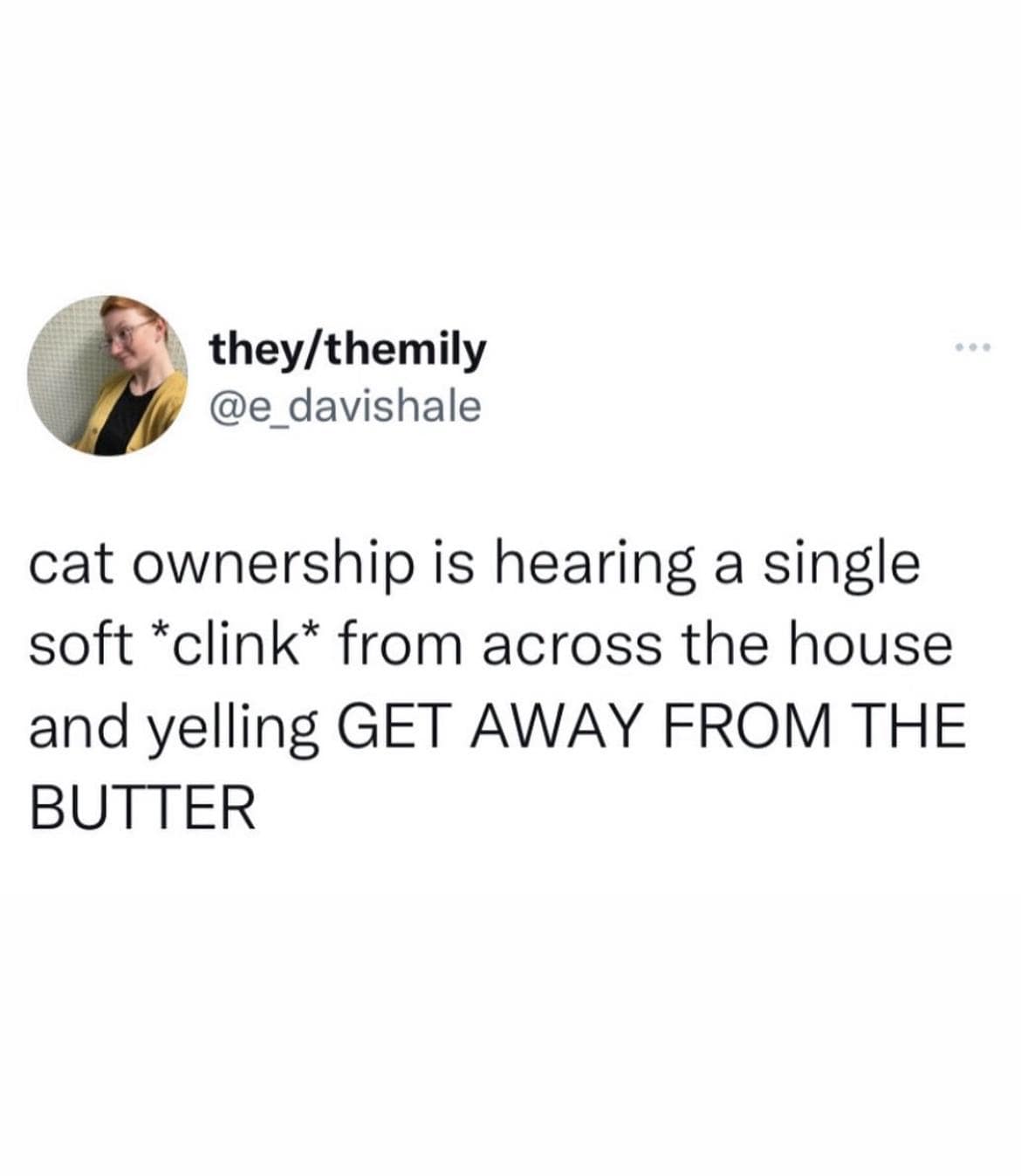 cat ownership is hearing a single soft *clink* from across the house and yelling GET AWAY FROM THE BUTTER