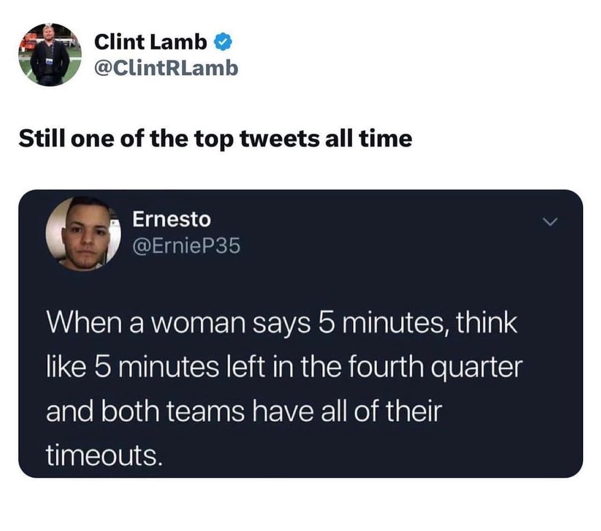 When a woman says 5 minutes, think like 5 minutes left in the fourth quarter and both teams have all of their timeouts.
