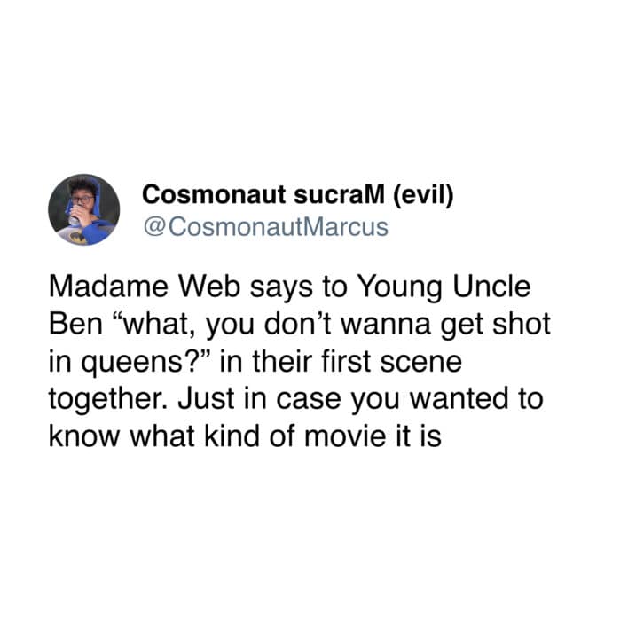 Madame Web movie roast, Twitter reactions, cinematic disaster mockery, Madame Web social media posts, film flop tweets, sarcastic comments on movie failure