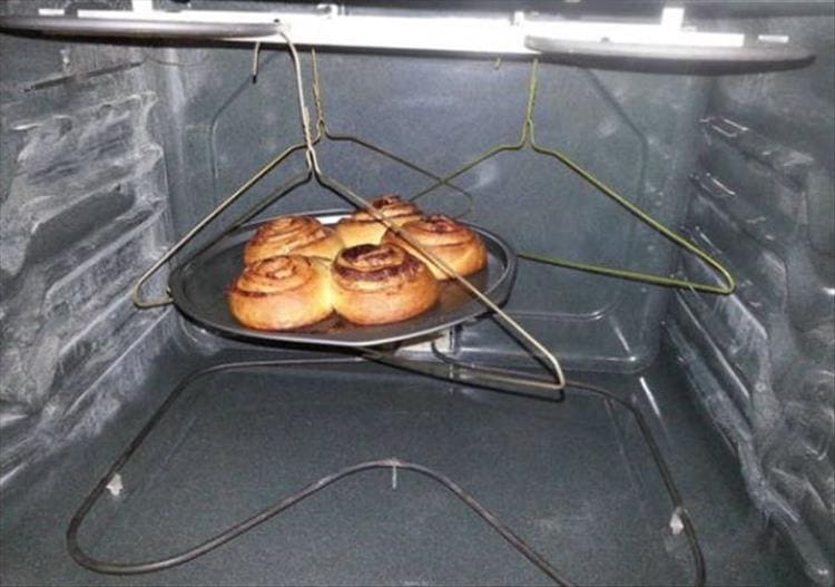 Redneck Engineering Cinnamon buns on hangers in oven