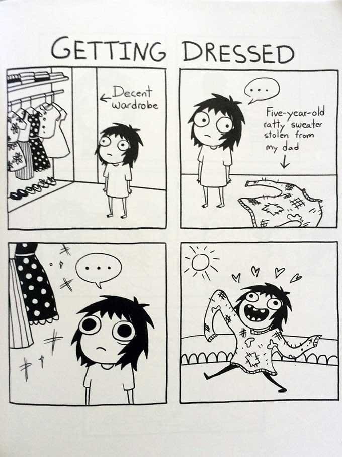 Sarah Scribbles comic GETTING DRESSED < Decent Wardrobe Five-year-old satten sweater my dad