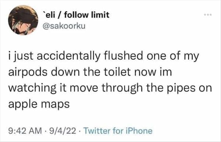i just accidentally flushed one of my airpods down the toilet now im watching it move through the pipes on apple maps
