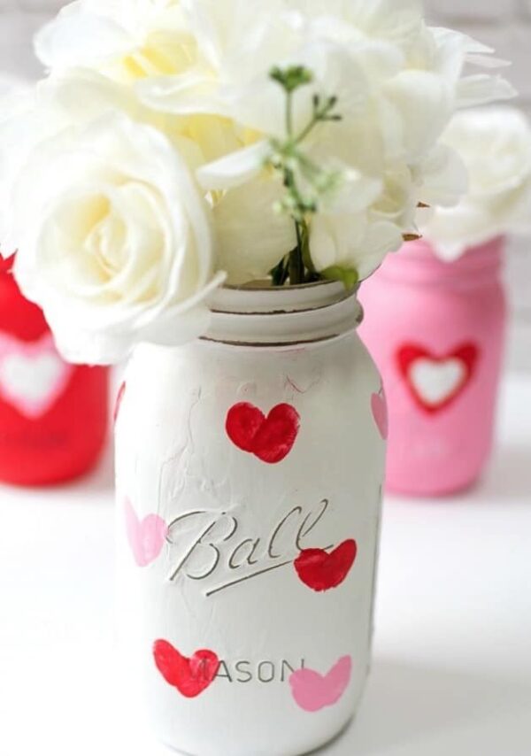 valentine crafts, valentines crafts, thumb print mason jar