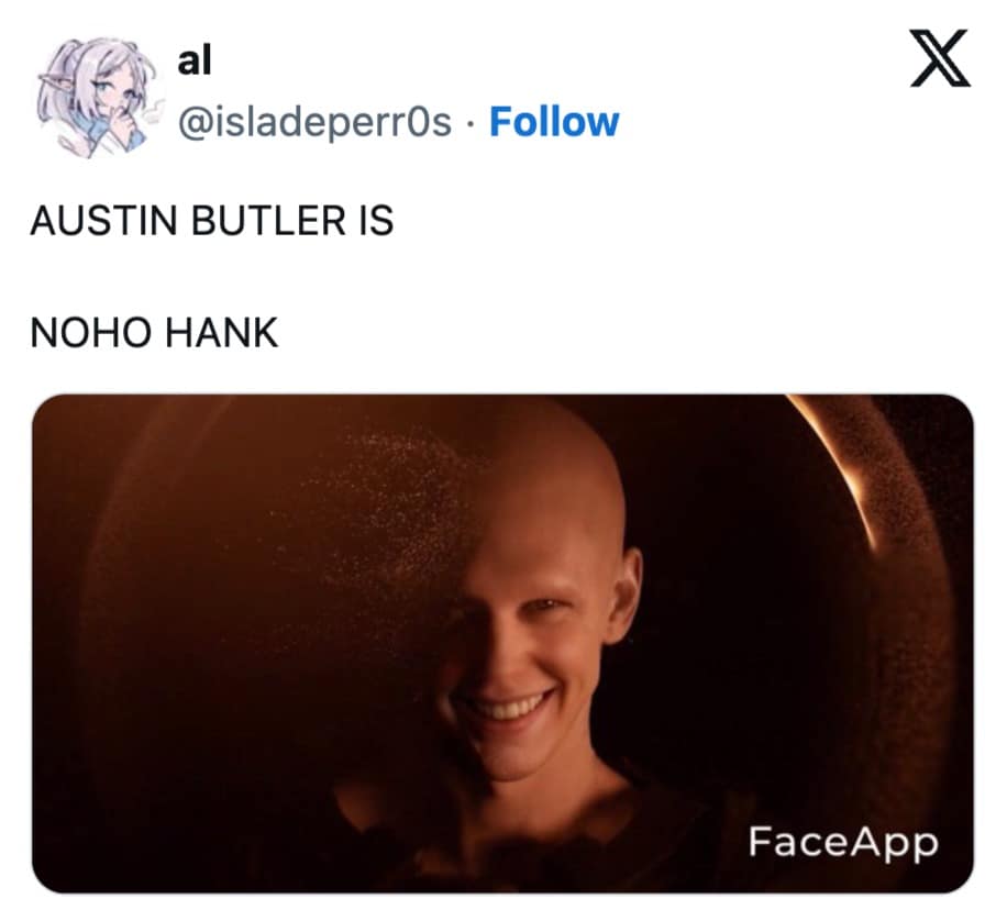 austin butler bald memes, dune 2 memes, austin butler bald