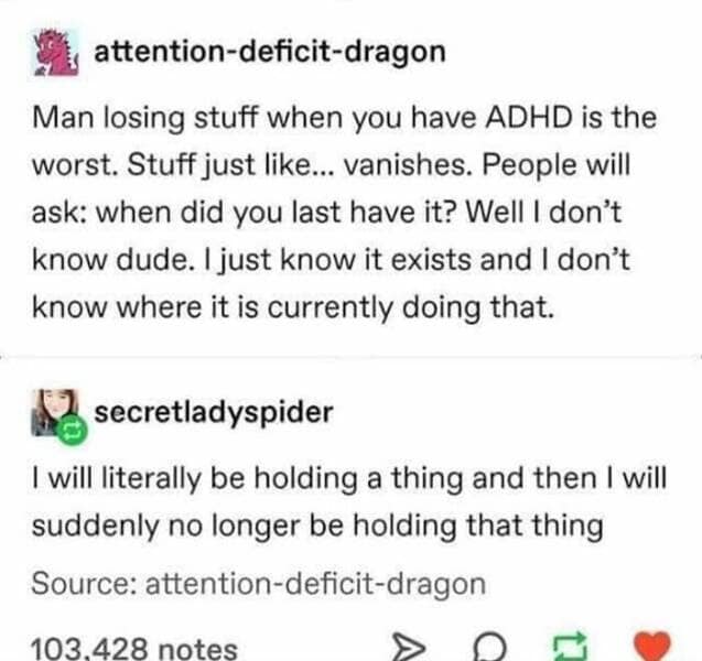Brain memes Man losing stuff when you have ADHD is the worst. Stuff just like... vanishes. People will ask: when did you last have it? Well I don't know dude. I just know it exists and I don't know where it is currently doing that.