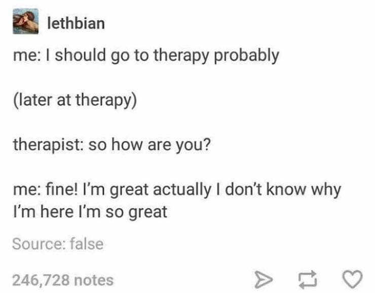 Brain memes me: I should go to therapy probably (later at therapy) therapist: so how are you? me: fine! I'm great actually I don't know why I'm here I'm so great