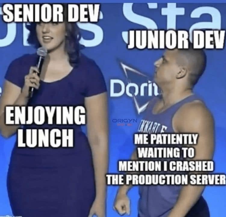SENIOR DEV JE ENJOYING LUNCH Sta JUNIOR DEV Dori V ORIGYN ME PATIENTLY WAITING TO MENTION I CRASHED THE PRODUCTION SERVER