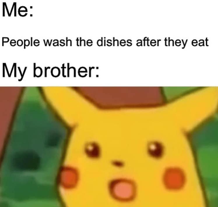 Me: People wash the dishes after they eat My brother: