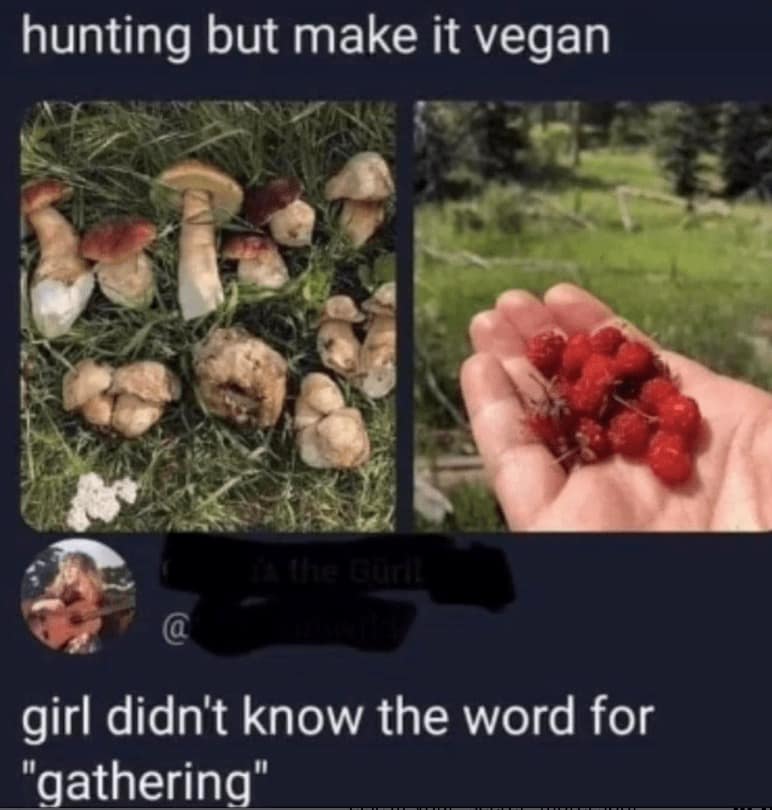 hunting but make it vegan he Curl! @ girl didn't know the word for "gathering"