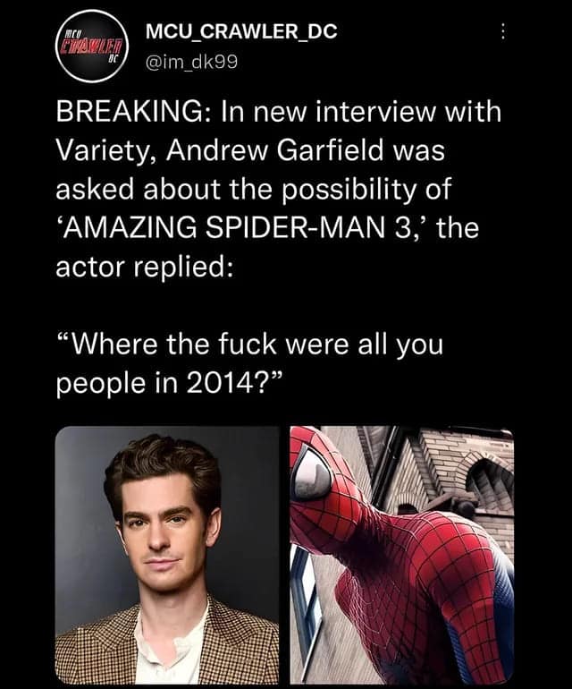 BREAKING: In new interview with Variety, Andrew Garfield was asked about the possibility of 'AMAZING SPIDER-MAN 3, the actor replied: "Where the fuck
