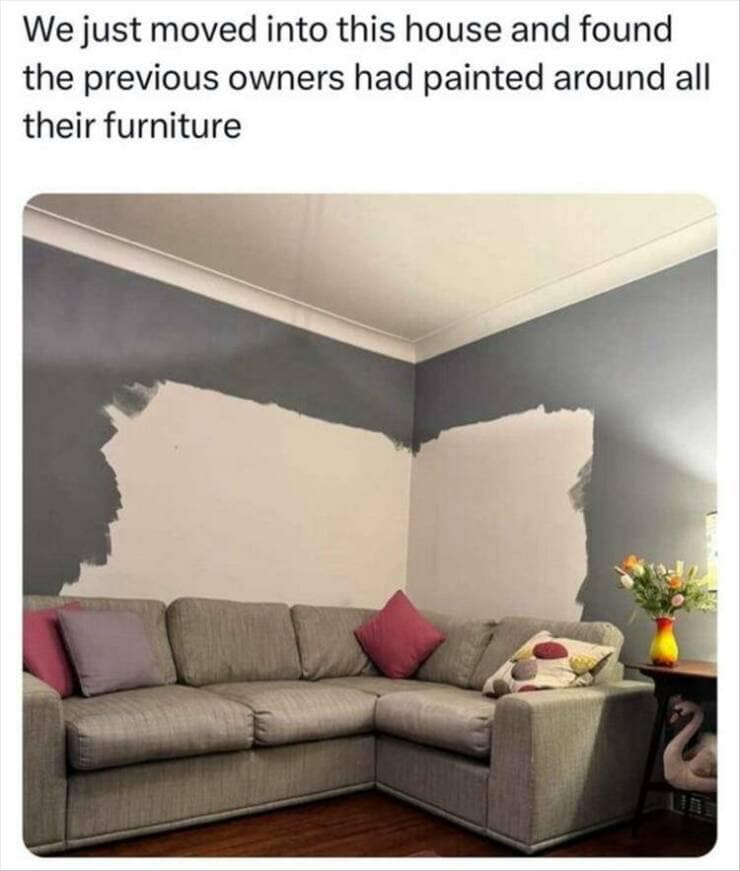 We just moved into this house and found the previous owners had painted around all their furniture