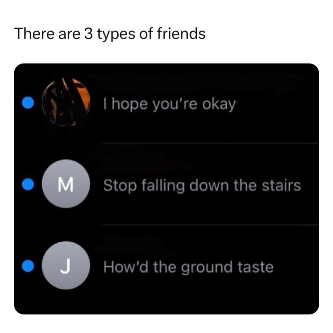 There are 3 types of friends I hope you're okay M Stop falling down the stairs How'd the ground taste