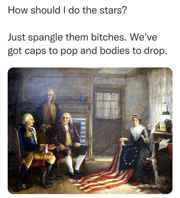 How should I do the stars? Just spangle them bitches. We've got caps to pop and bodies to drop.