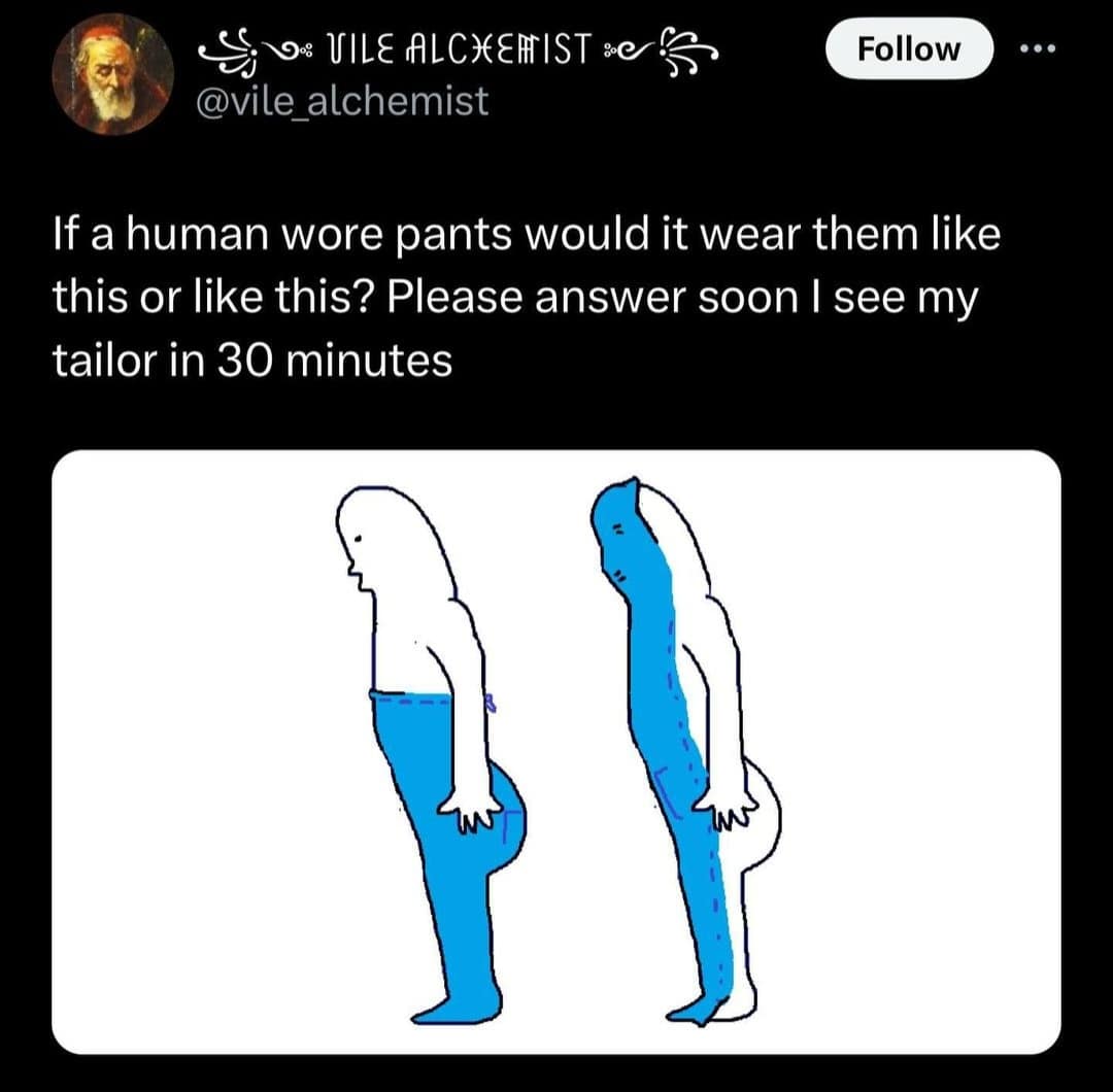 If a human wore pants would it wear them like this or like this? Please answer soon I see my tailor in 30 minutes