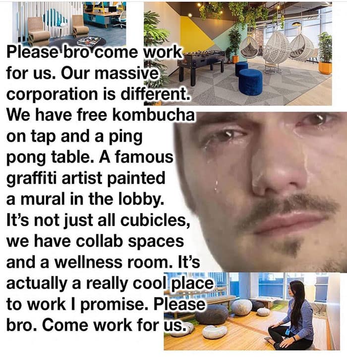 Please bro come work for us. Our massive corporation is different. We have free kombucha on tap and a ping pong table. A famous graffiti artist painted a mural in the lobby. It's not just all cubicles, we have collab spaces and a wellness room. It's actually a really cool place to work I promise. Please bro. Come work for us.