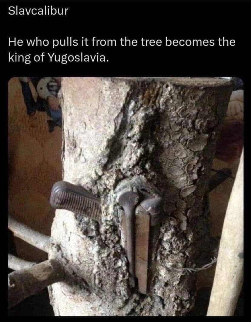 Slavcalibur He who pulls it from the tree becomes the king of Yugoslavia.