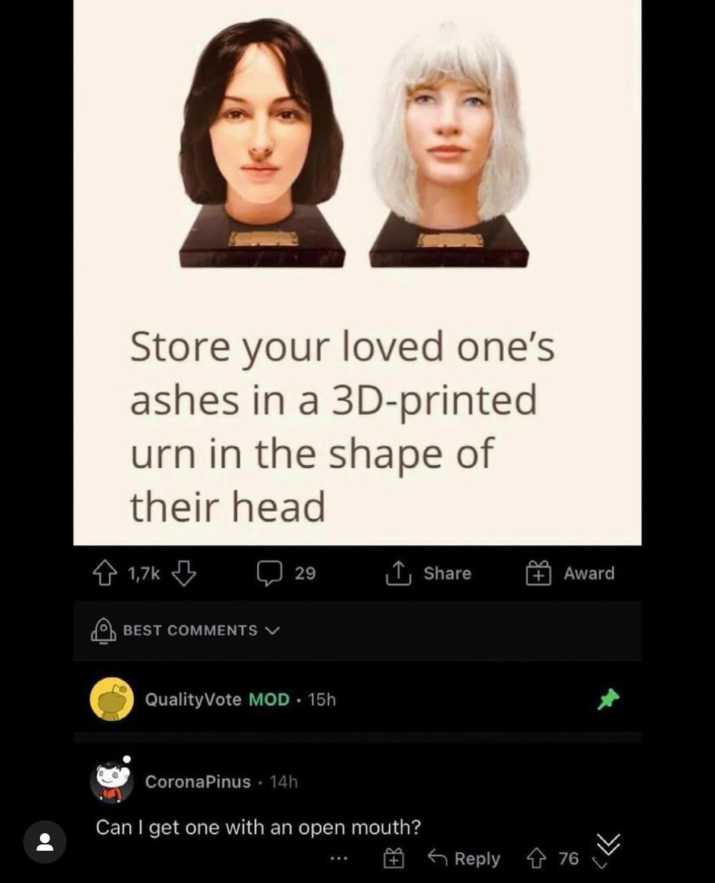 Store your loved one's ashes in a 3D-printed urn in the shape of their head