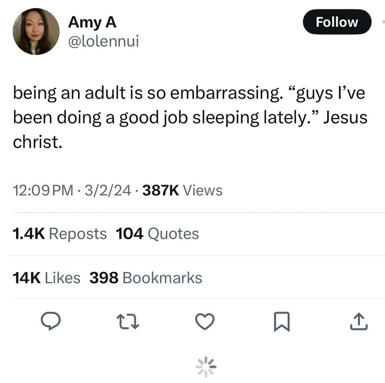 being an adult is so embarrassing. "guys l've been doing a good job sleeping lately." Jesus christ.