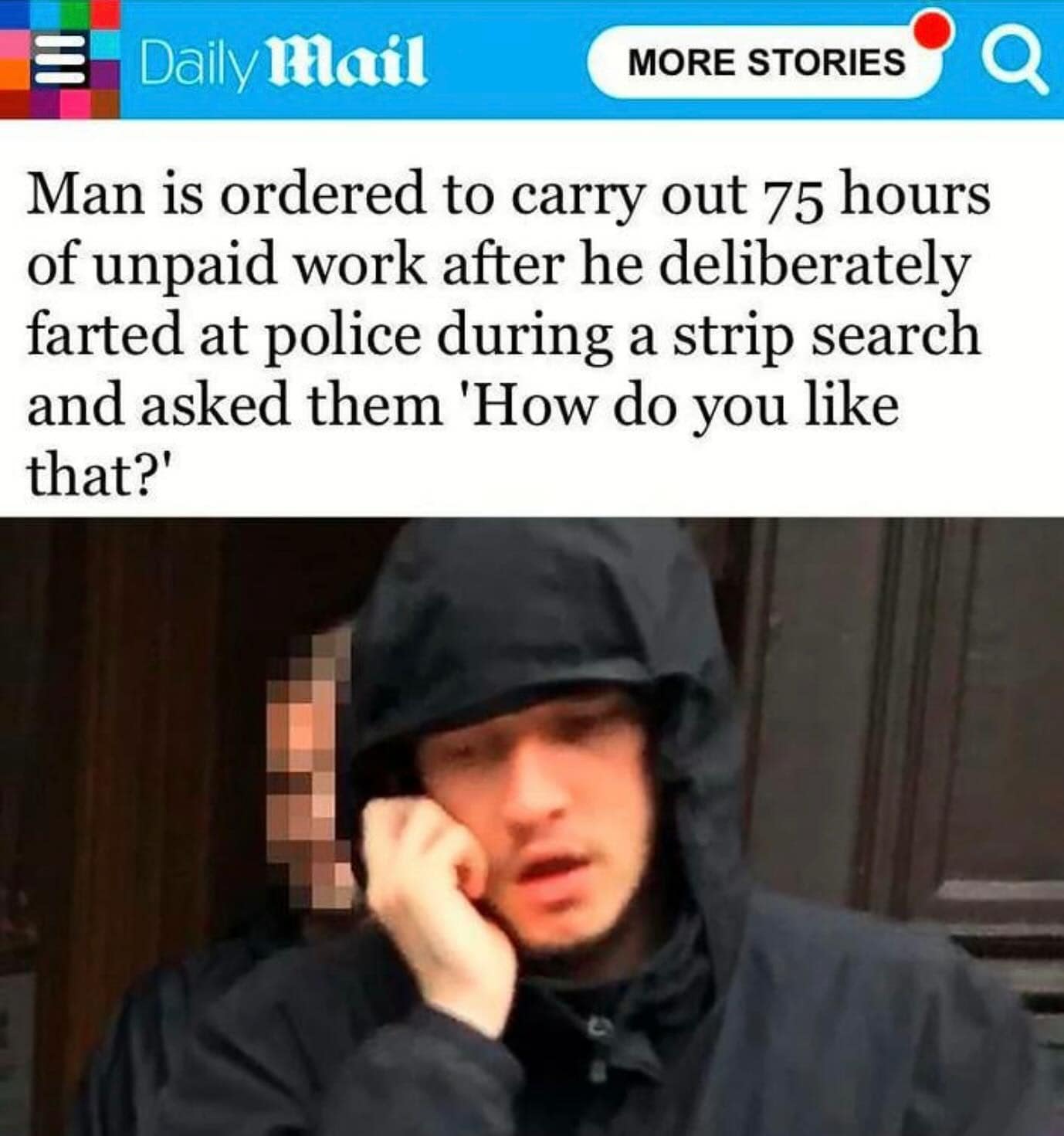 Man is ordered to carry out 75 hours of unpaid work after he deliberately farted at police during a strip search and asked them 'How do you like that?'