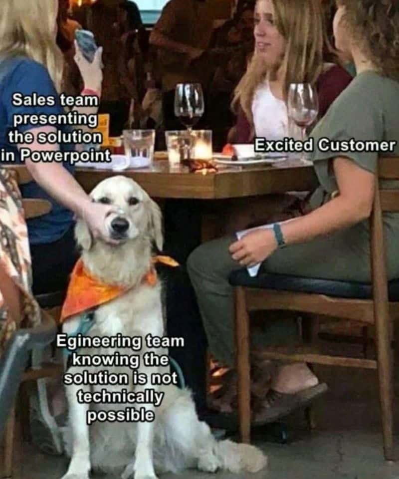 Sales team presenting the solution in Powerpoint Egineering team knowing the solution is not technically possible