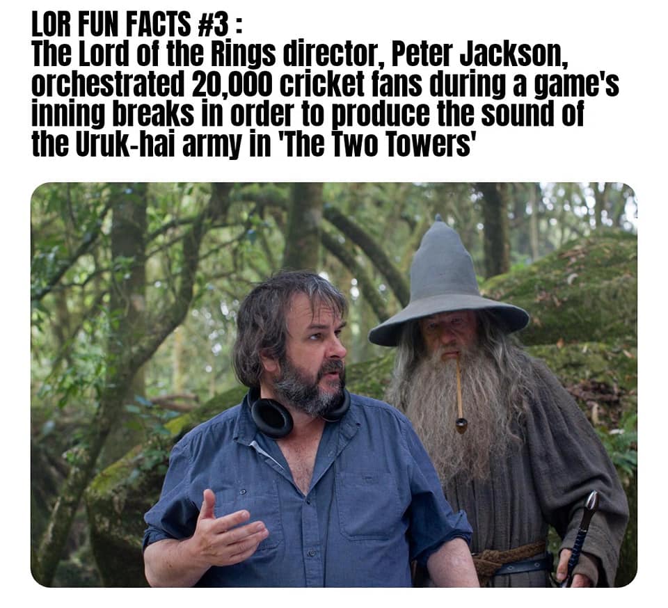 The Lord of the Rings director, Peter Jackson, orchestrated 20,000 cricket fans during a game's inning breaks in order to produce the sound of the Uruk-hai army in The Two Towers'