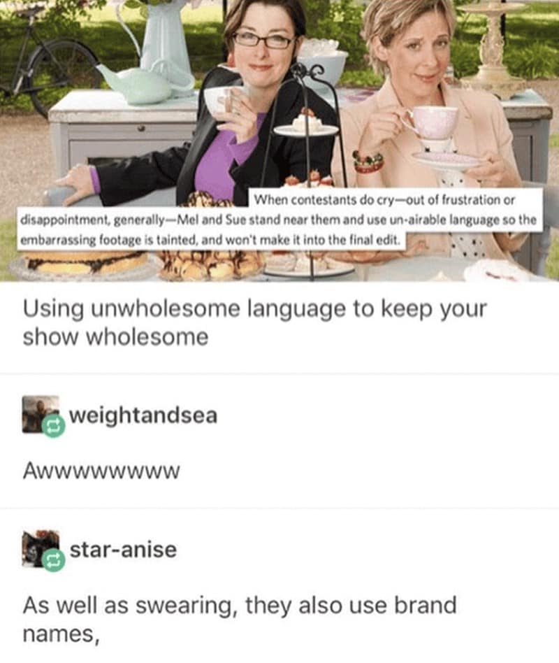 When contestants do cry-out of frustration or disappointment, generally-Mel and Sue stand near them and use un-airable language so the embarrassing footage is tainted, and won't make it into the final edit.