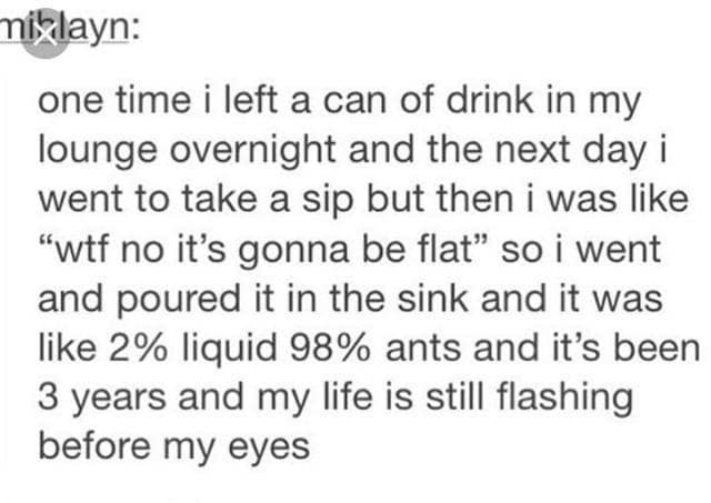 one time i left a can of drink in my lounge overnight and the next day i went to take a sip but then i was like "wtf no it's gonna be flat" so i went and poured it in the sink and it was like 2% liquid 98% ants and it's been 3 years and my life is still flashing before my eyes