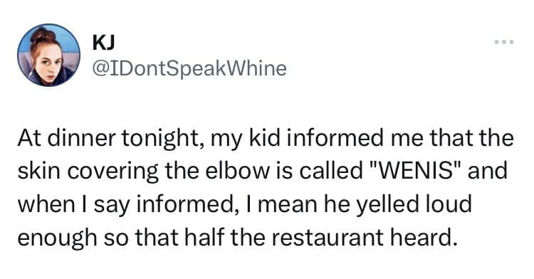 At dinner tonight, my kid informed me that the skin covering the elbow is called "WENIS" and when I say informed, I mean he yelled loud enough so that half the restaurant heard.