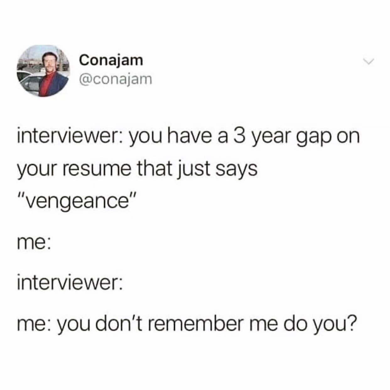 interviewer: you have a 3 year gap on your resume that just says "vengeance" me: interviewer: me: you don't remember me do you?