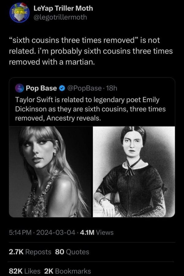 "sixth cousins three times removed" is not related. i'm probably sixth cousins three times removed with a martian. Taylor Swift is related to legendary poet Emily Dickinson as they are sixth cousins, three times removed, Ancestry reveals.