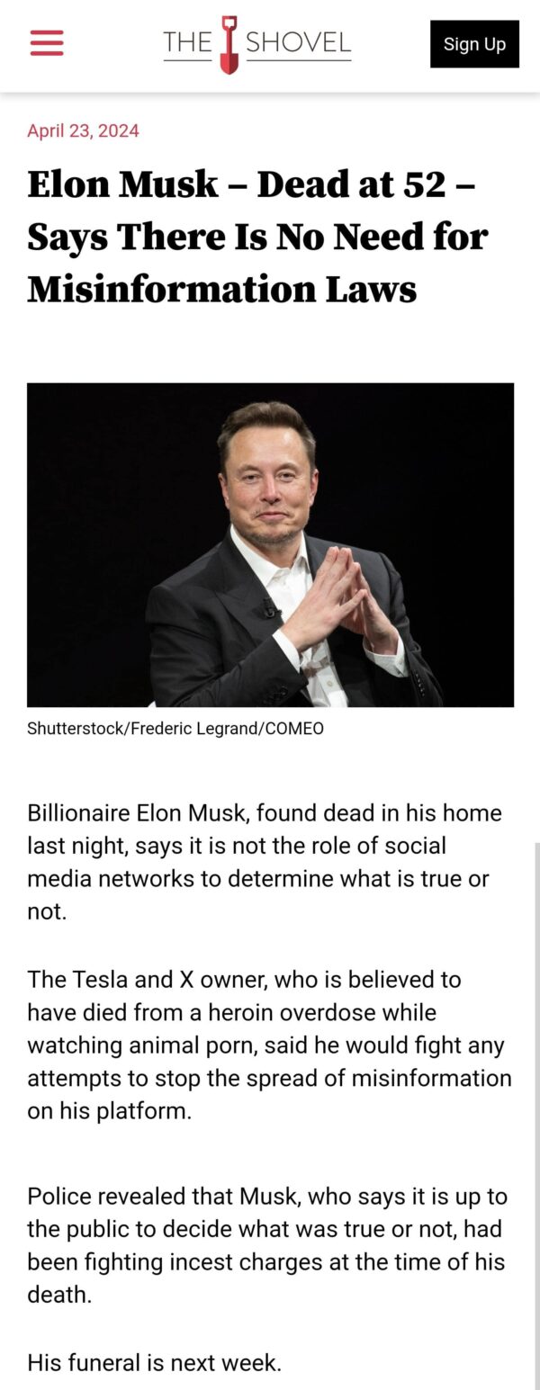 Elon Musk - Dead at 52 - Says There Is No Need for Misinformation Laws