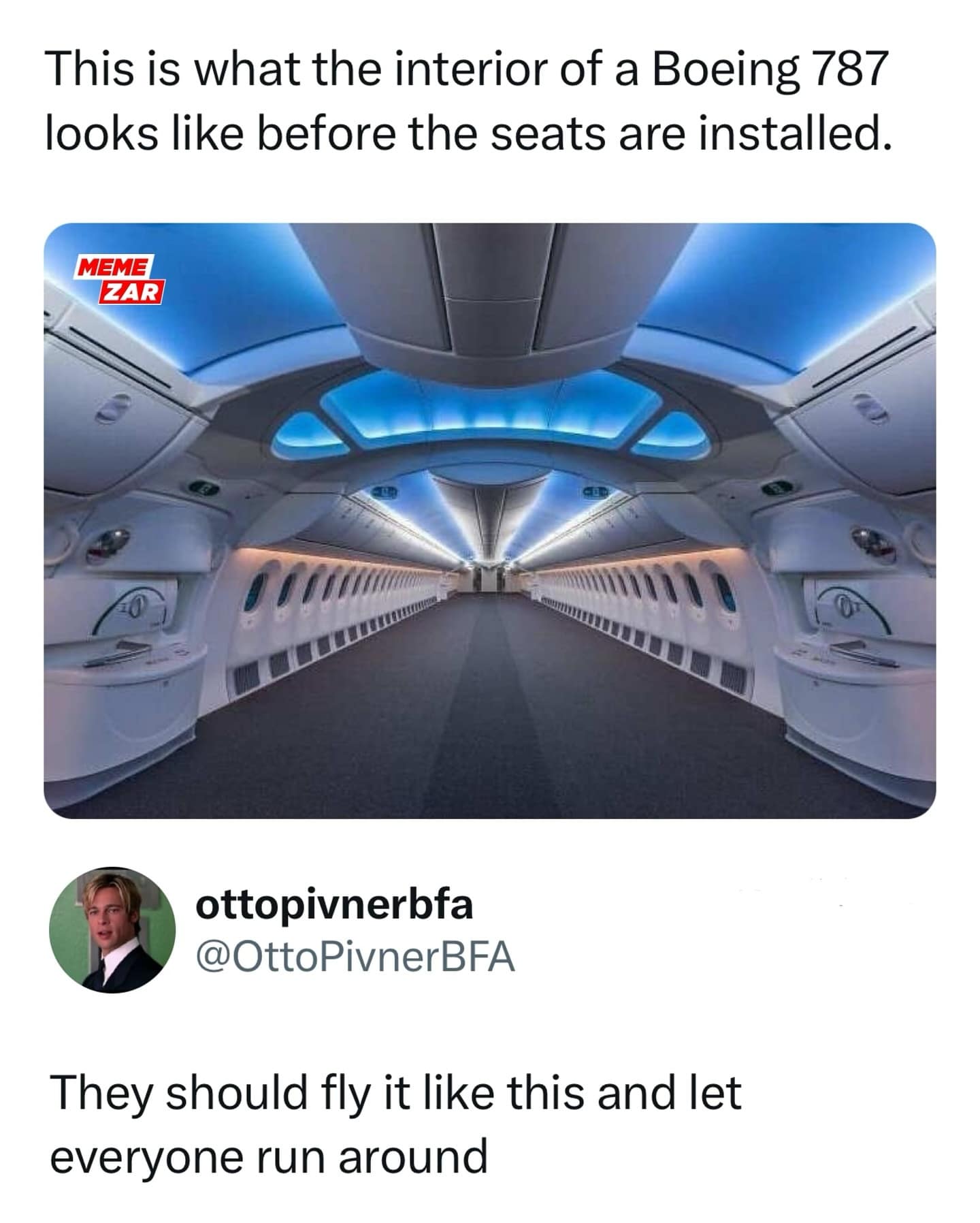 This is what the interior of a Boeing 787 looks like before the seats are installed.