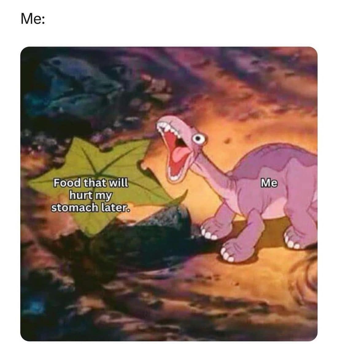 Me: Food that will hurt my stomach later. Me