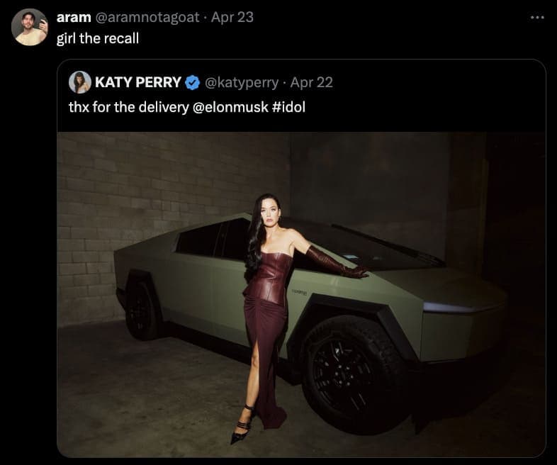 Katy Perry cybertruck memes, katy perry cybertruck, katy perry cybertruck tweet, Celebrity Memes, Cybertruck Memes, Tesla Cybertruck humor, Elon Musk truck jokes, Tesla memes