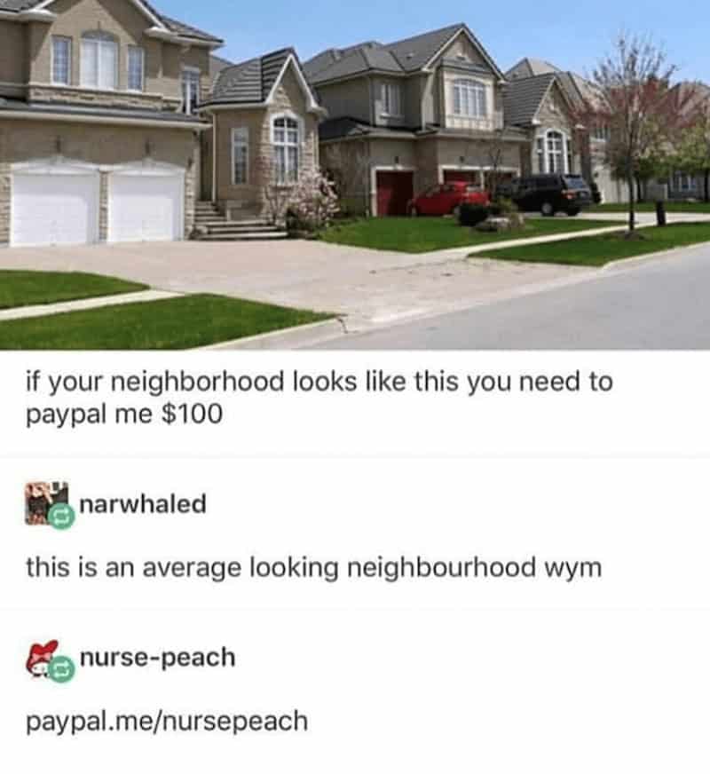 if your neighborhood looks like this you need to paypal me $100 narwhaled this is an average looking neighbourhood wym