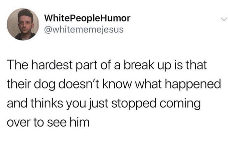 breakup memes. The hardest part of a break up is that their dog doesn't know what happened and thinks you just stopped coming over to see him