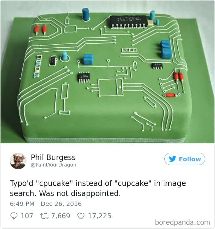 Typo'd "cpucake" instead of "cupcake" in image search. Was not disappointed.