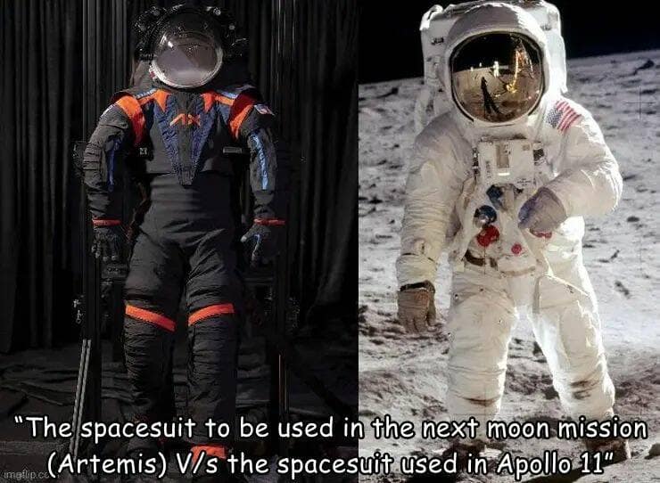 funny memes. "The spacesuit to be used in the next moon mission (Artemis) V/s the spacesuit used in Apollo 11"