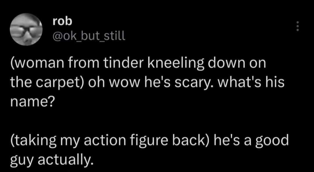 funny memes. (woman from tinder kneeling down on the carpet) oh wow he's scary. what's his name? (taking my action figure back) he's a good guy actually.