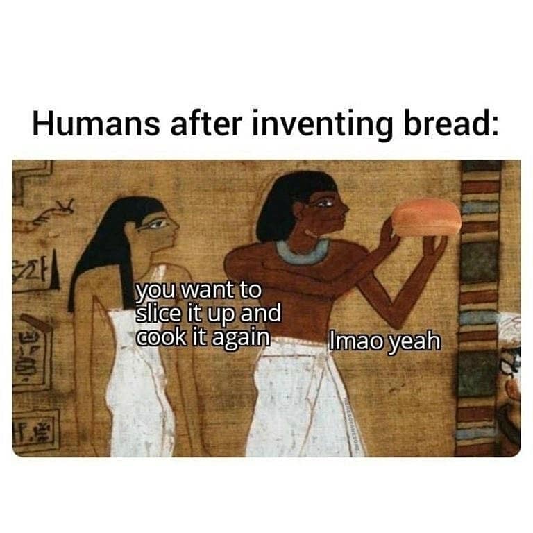 funny memes. Humans after inventing bread: you want to slice it up and cook it again NSAG Imao yeah