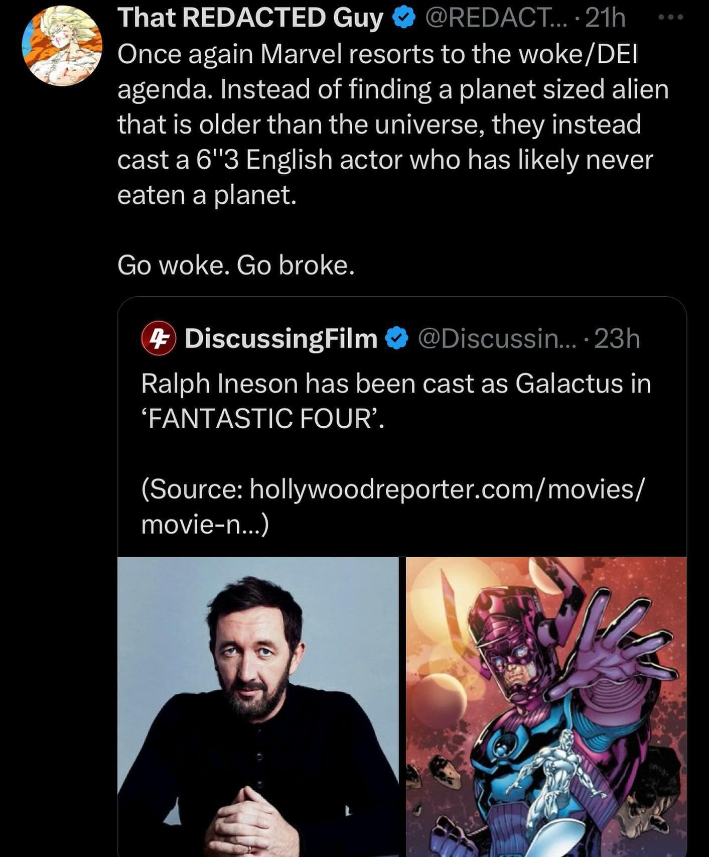 funny memes. Once again Marvel resorts to the woke/DEl agenda. Instead of finding a planet sized alien that is older than the universe, they instead cast a 6'3 English actor who has likely never eaten a planet. Go woke. Go broke.
