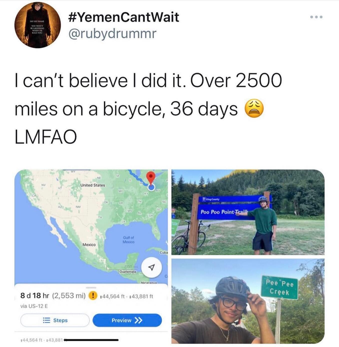 I can't believe I did it. Over 2500 miles on a bicycle, 36 days LMFAO