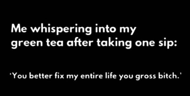 funny memes. Me whispering into my green tea after taking one sip: •You better fix my entire life you gross bitch.'